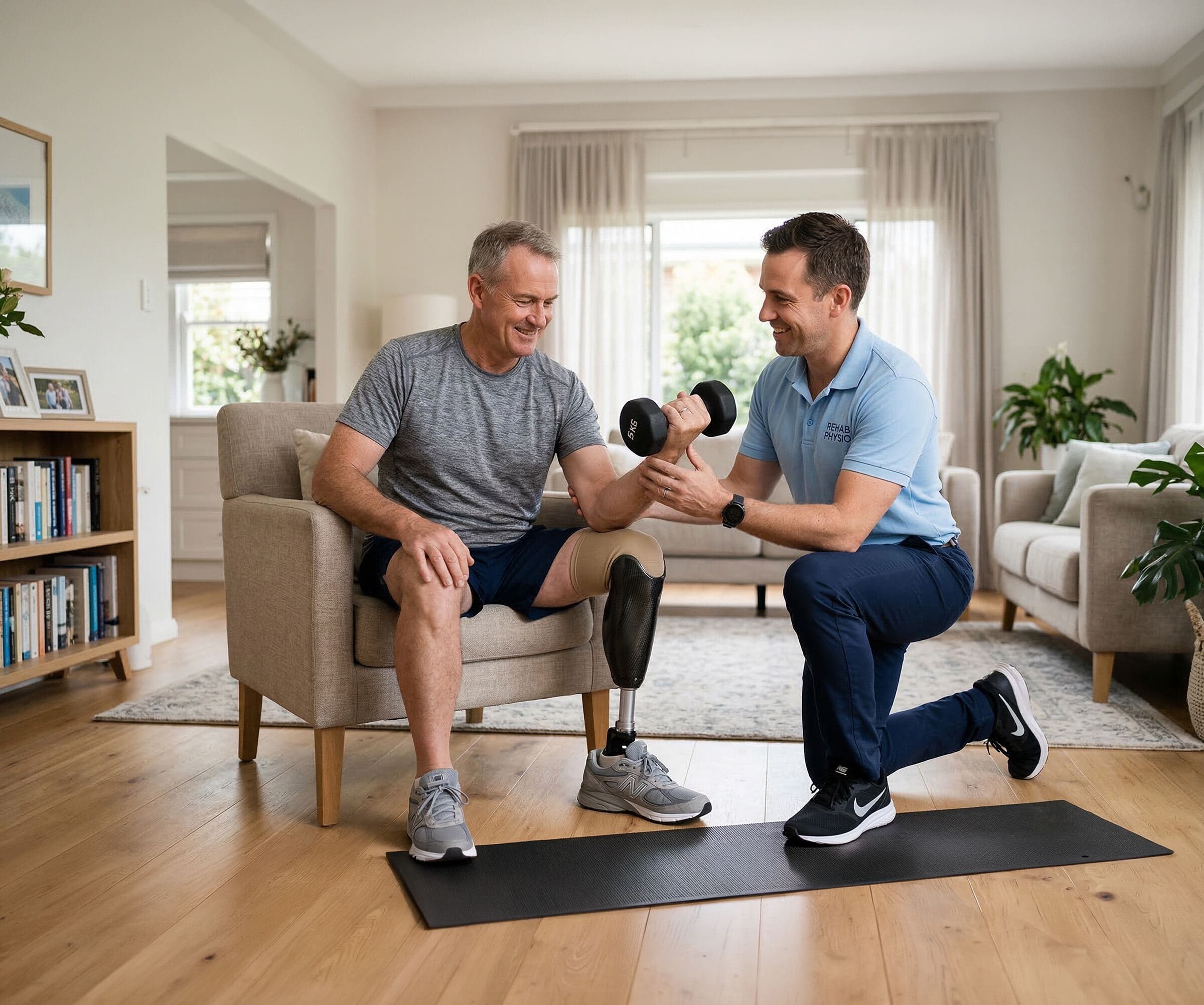 Physiotherapist helping a client with strength exercises at home