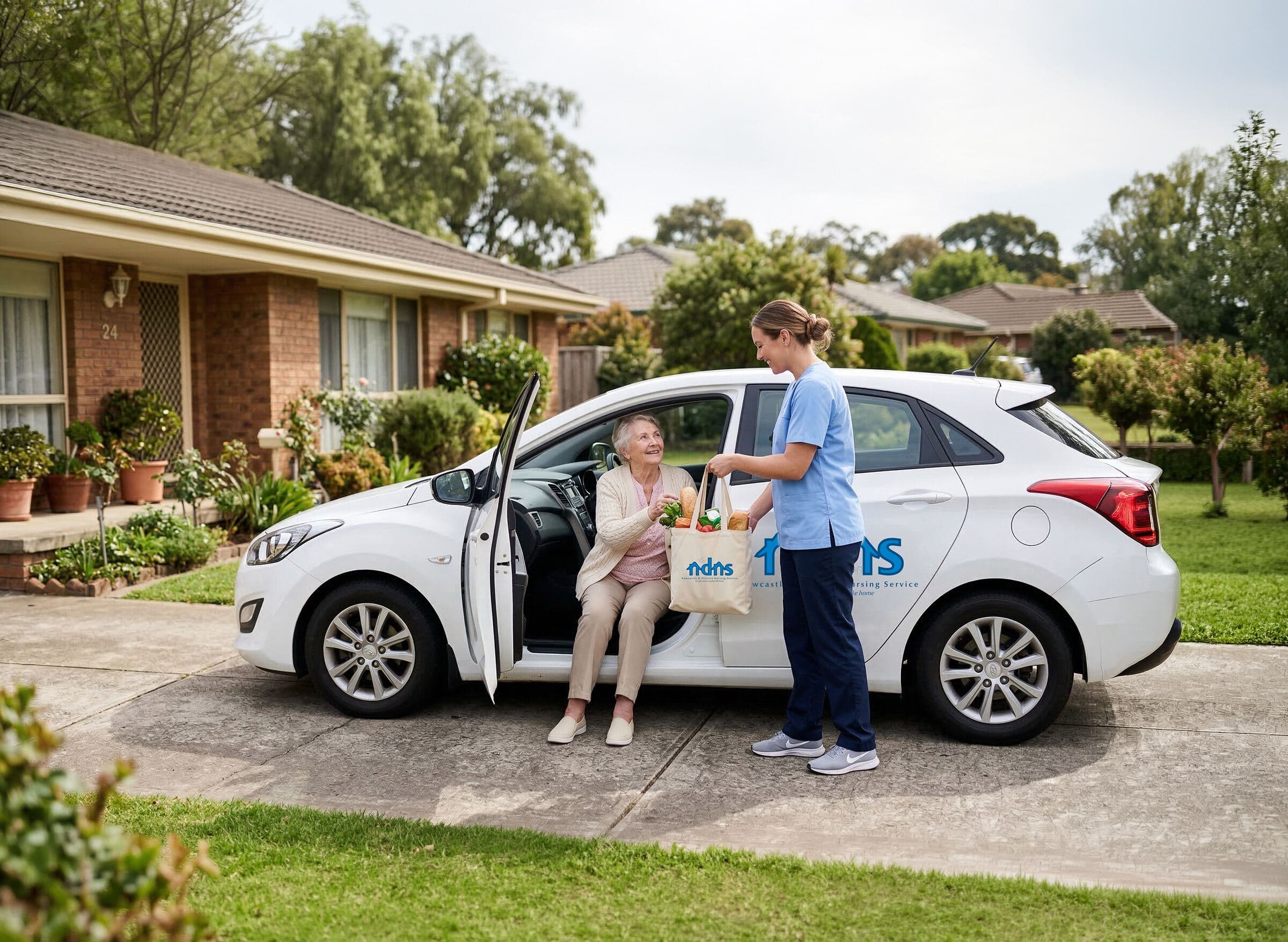 NDNS carer helping a client home from the shops with the NDNS community car